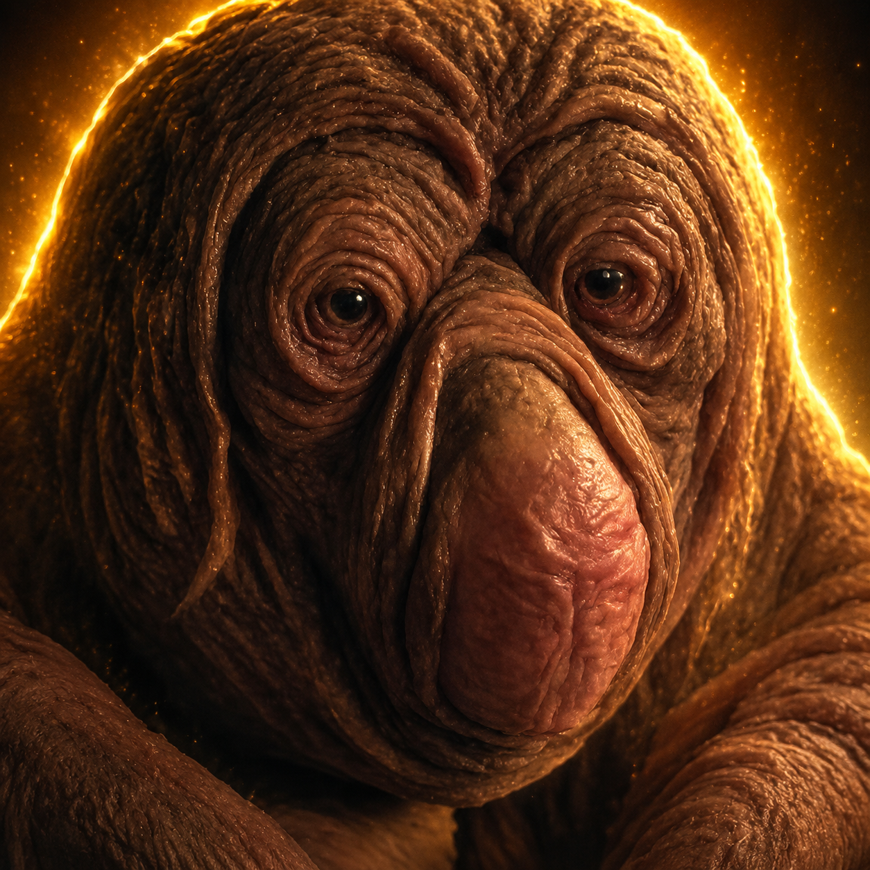 Close portrait of Yagballs, a deeply wrinkled brown creature lit by molten gold